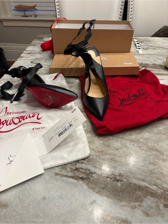 Christian Louboutin Shoes - Christian Louboutin Black Leather Pointed-Toe Ankle Strap Pumps with Red Sole